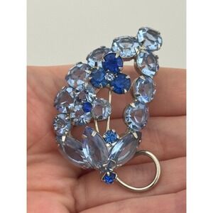 Vintage Blue Rhinestone Flower Brooch Silver Tone Pin